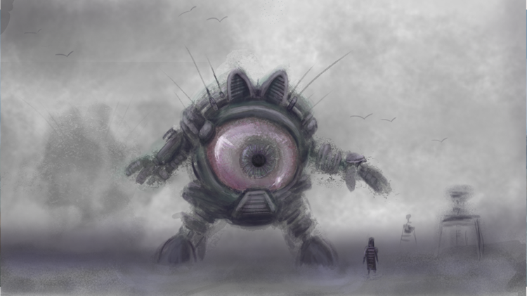 picture of a gigantic robo mecha eye coming out of mist and checking out a person in a stripey top