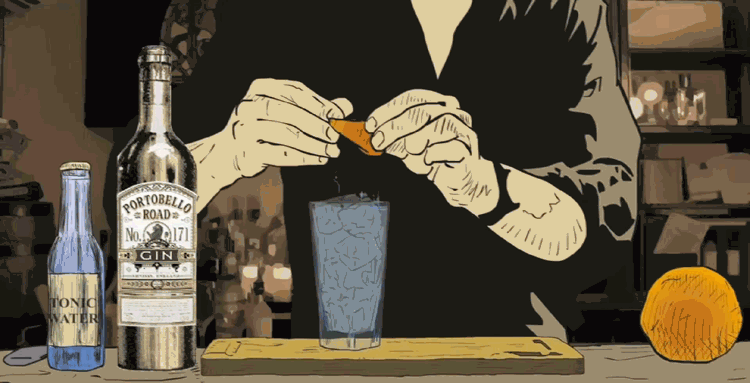 animation of placing garnish in the portobello road g&t and presenting the drink