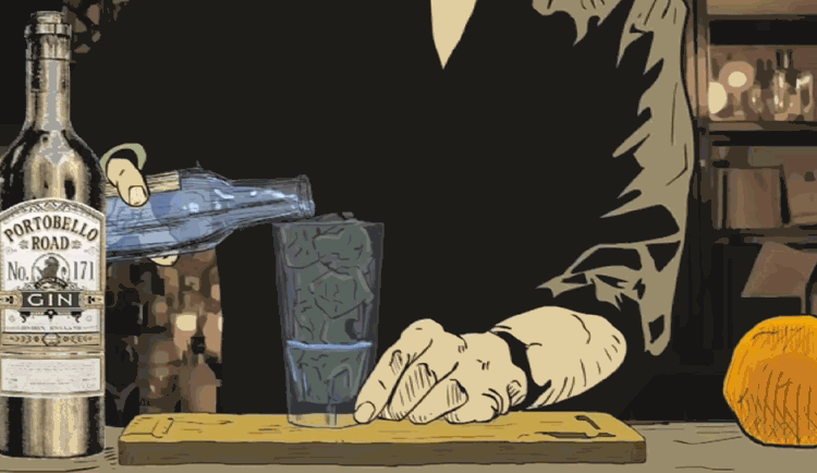 animation of pouring tonic from a small bottle into a glass of gin gif